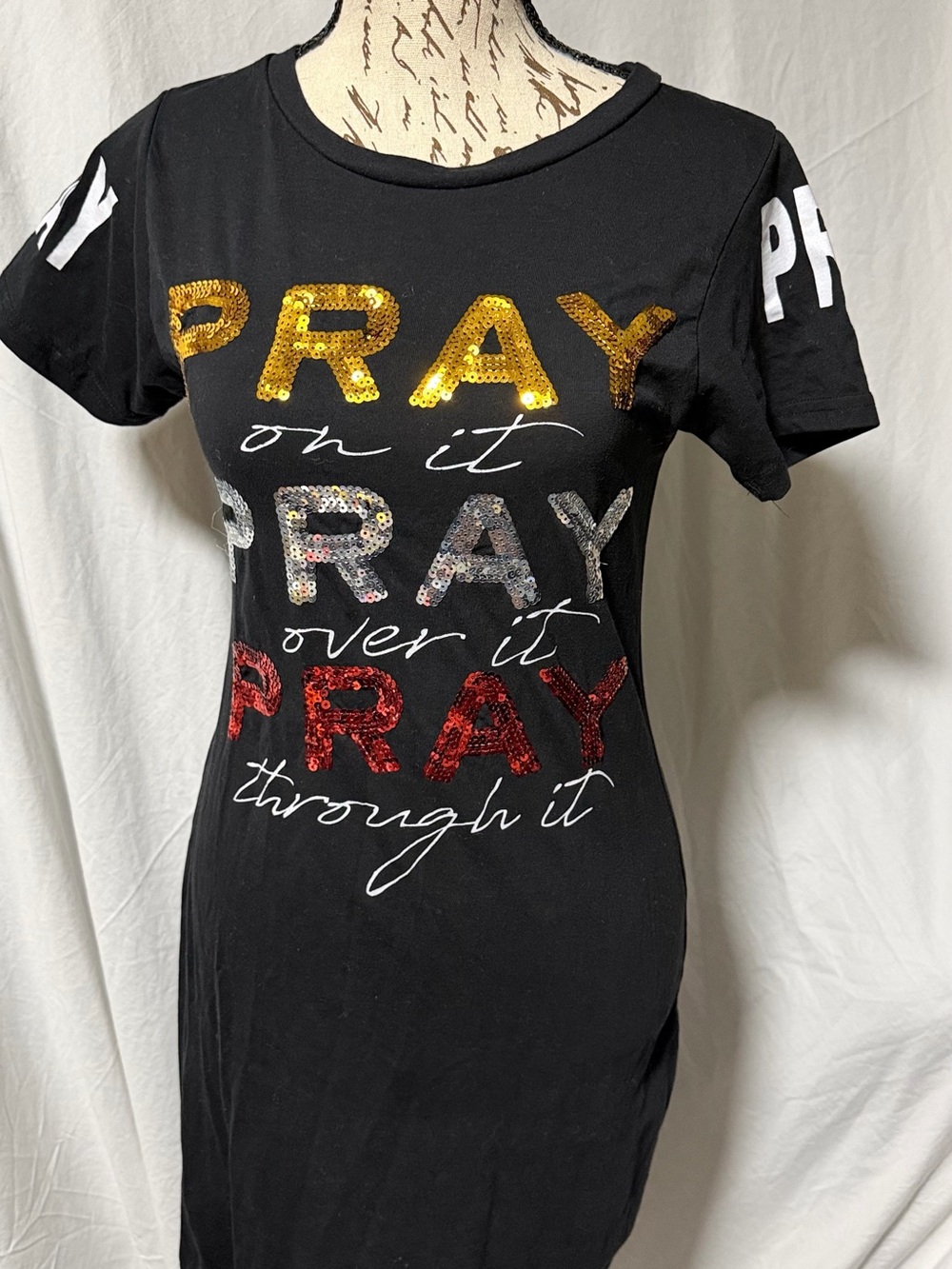 On Fire Black Sequin Pray On It Over It Through It T-Shirt Dress Women’s Size M